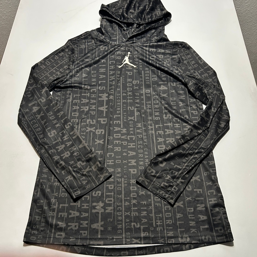 Jordan Dri-FIT Boys XL Hooded Shirt Black Grey Career Stats Graphic Long Sleeve